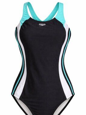 Speedo Youth Sea Level One-Piece Swimsuit Black Aqua White Size 16 NWT